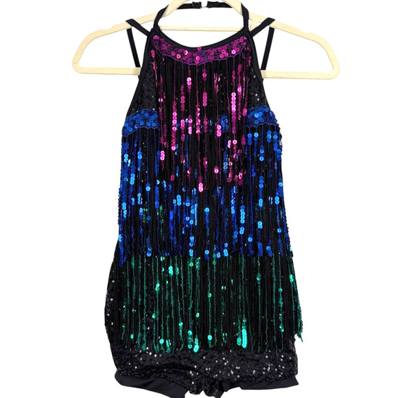 Weissman One Piece Romper Dance Costume Sequins Fringe Leotard 10926 sz LC - Picture 1 of 16